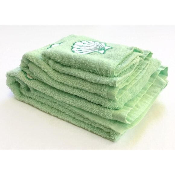 Vintage Seashell Towel Set Woolworth 3 Pc. Washcloth Hand & Bath Towel Green - Picture 7 of 7